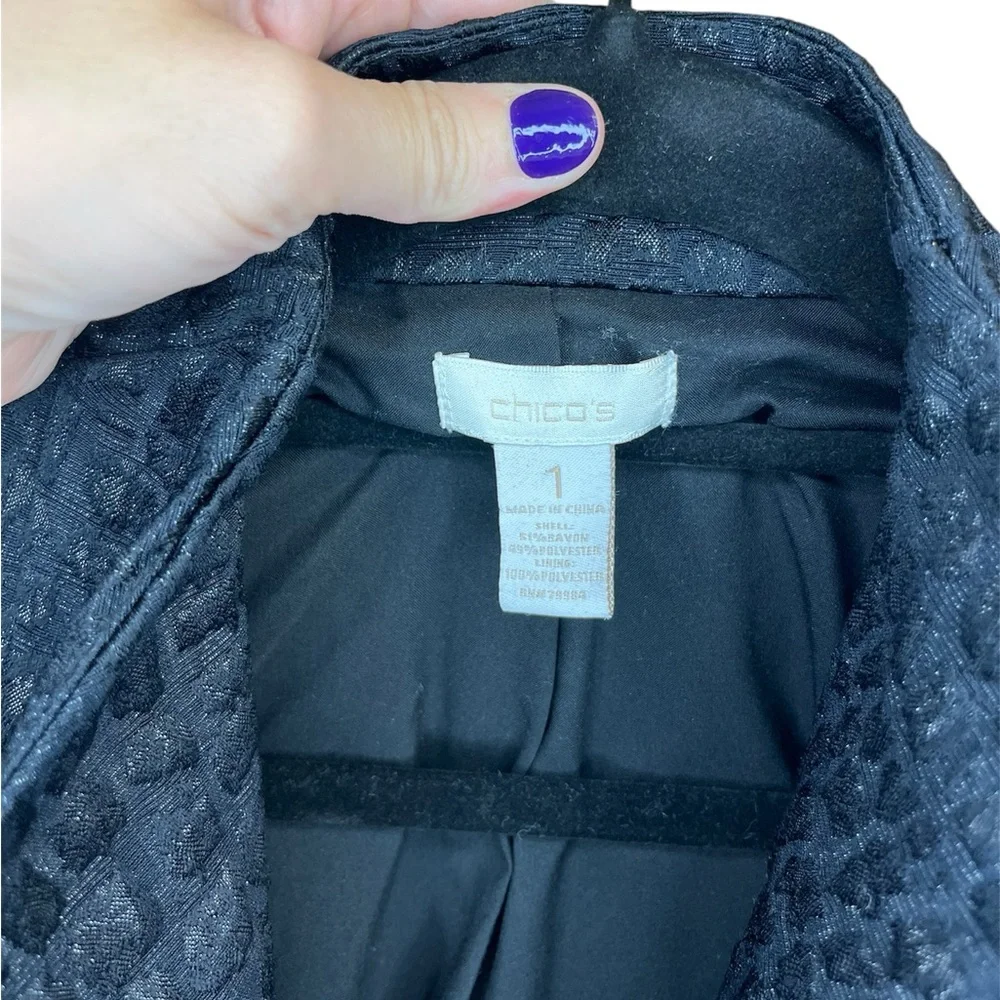 Chico’s Black Textured Open Front Shimmer Duster Old Money Topper Mob Wife - Picture 6 of 7